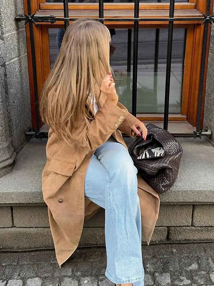 Fashion Lapel Long Windbreaker Jacket Elegant Casual Suede Leather Women's Trench Coat Oversize Autumn Commute Street Outerwear