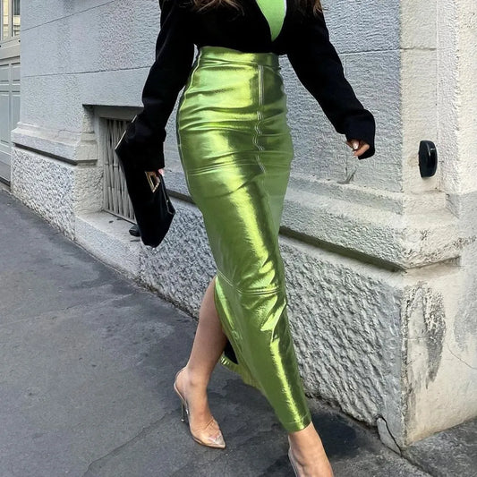 Sexy Sparkly Slit Luxury Long Skirts Women High Waist Metallic Green Slim Maxi Skirt 2023 Elegant Birthday Party Clothes