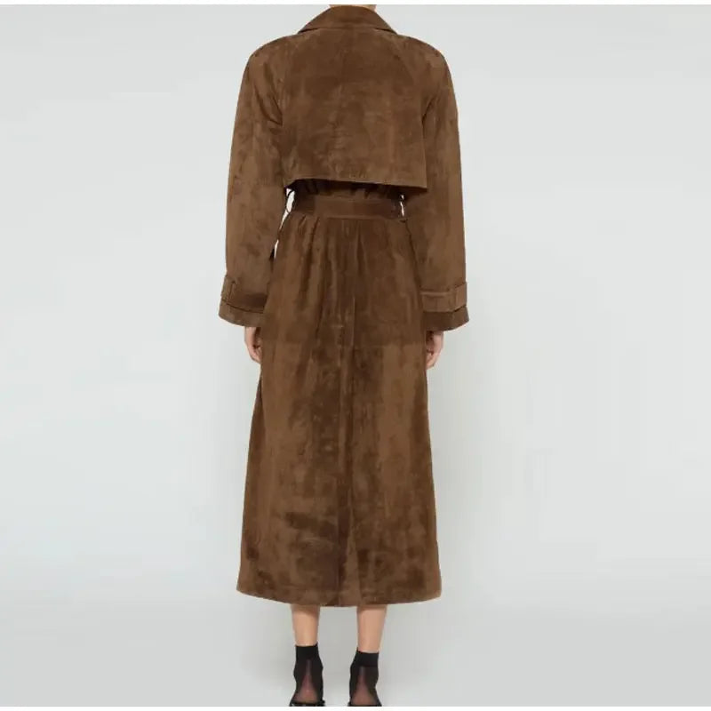 Vintage Brown Faux Leather Overcoat With Belt Elegant Lapel Double Breasted Pocket Long Coats Autumn Chic Lady Street Outwear