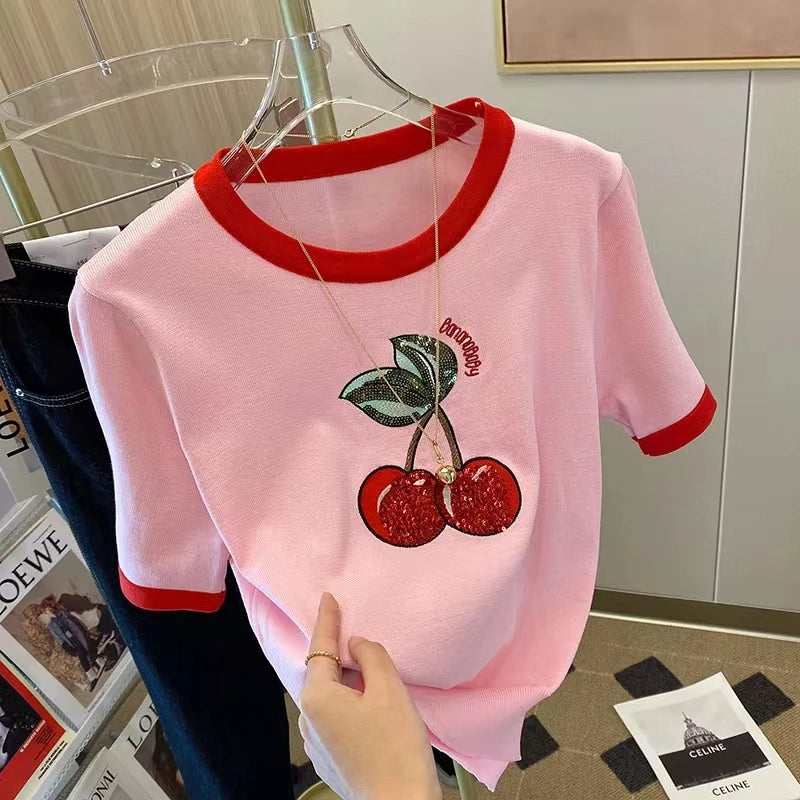 2024 Summer Cherry Sequin Embroidery Knitted T-Shirt Women's Sweet Short-sleeved Pullover Sweater Thin Tshirt Knitwear Tops Tees