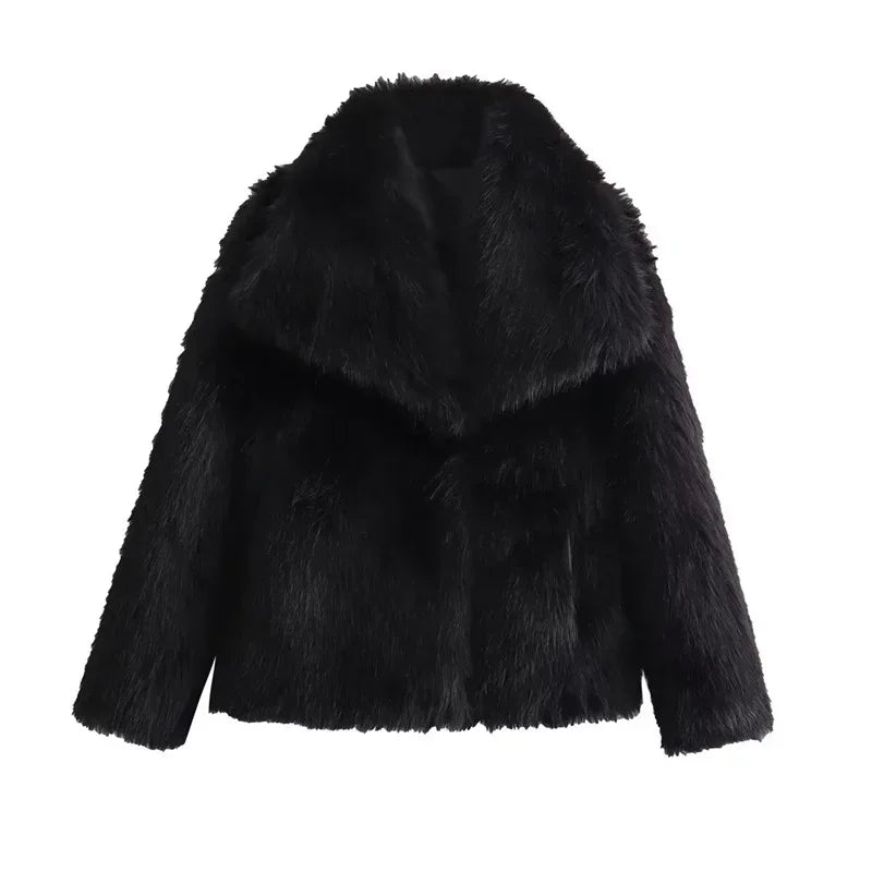 2024 New Women's Fashion Temperament Versatile Loose Large Lapel Artificial Fur Effect Jacket Comfortable and Warm