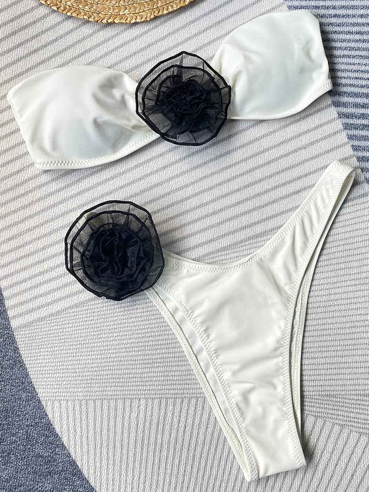 3D Flowers Brazilian Strapless Bandeau Bikini Female Swimsuit Women Swimwear Two-pieces Bikini Set High Cut Bathing Suit Swim