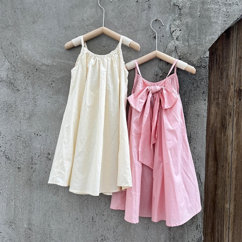 Fashion Baby Girl Princess Cotton Strap Dress Bow Infant Toddler Child Suspender Vestido Solid Color Summer Baby Clothes 1-10Y