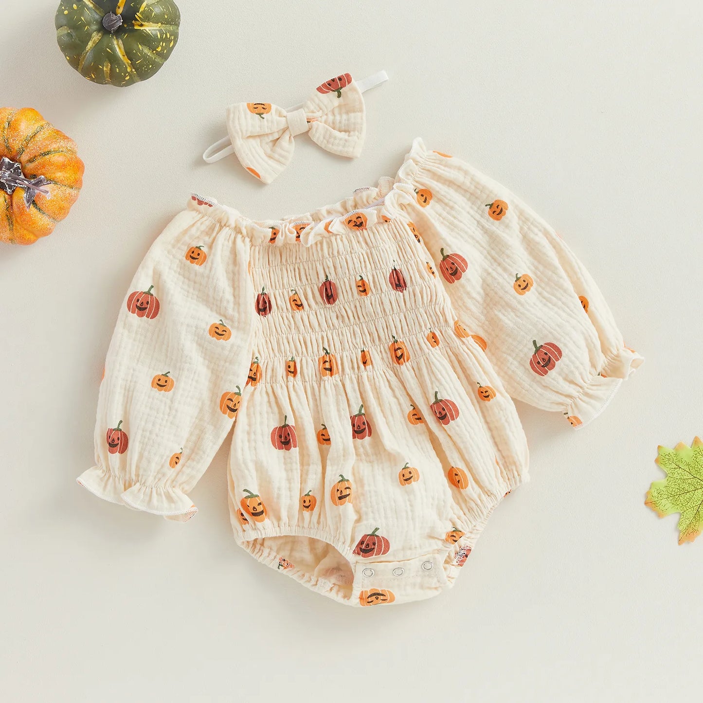 Baby-Girl Halloween Jumpsuit Cartoon Pumpkin Print Ruched Off Shoulder Long Sleeve Romper And Bow Headband