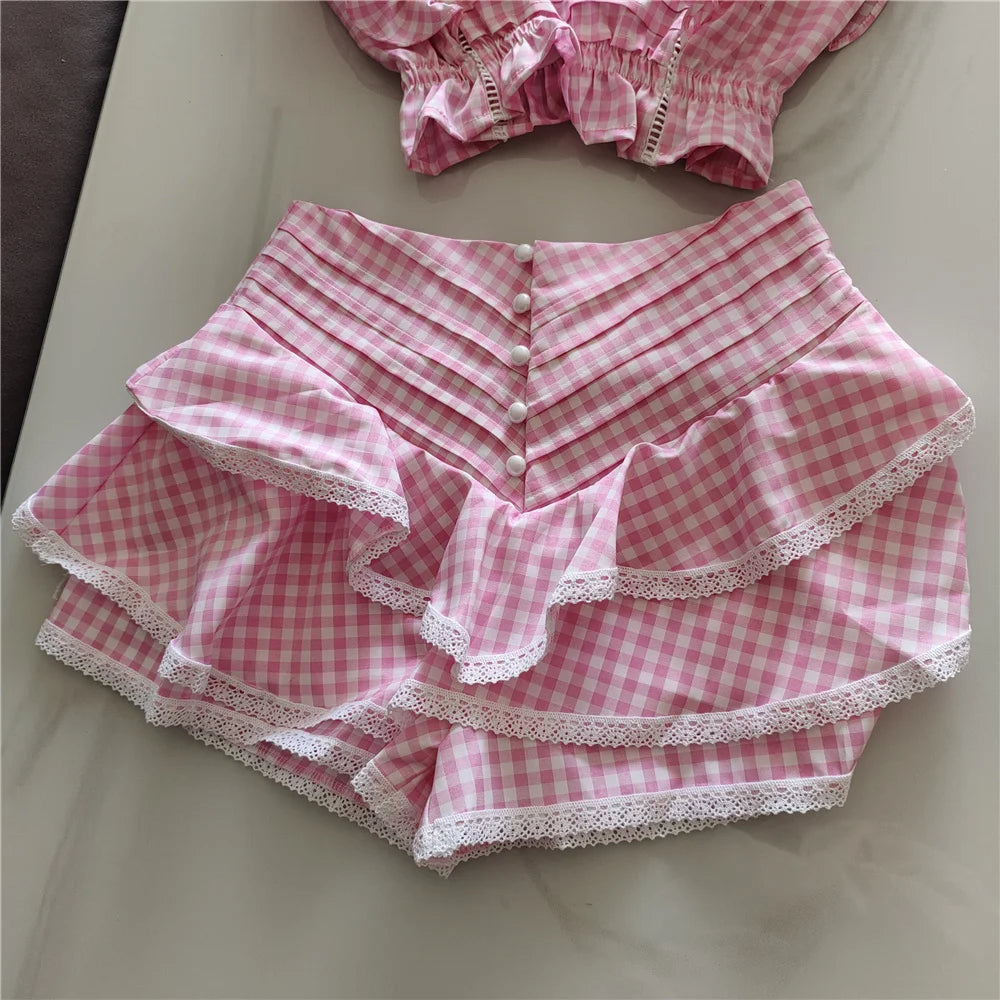 Spring Cotton Plaid Ruffled Top and Short Sunday Sets Holiday Vocation Sets