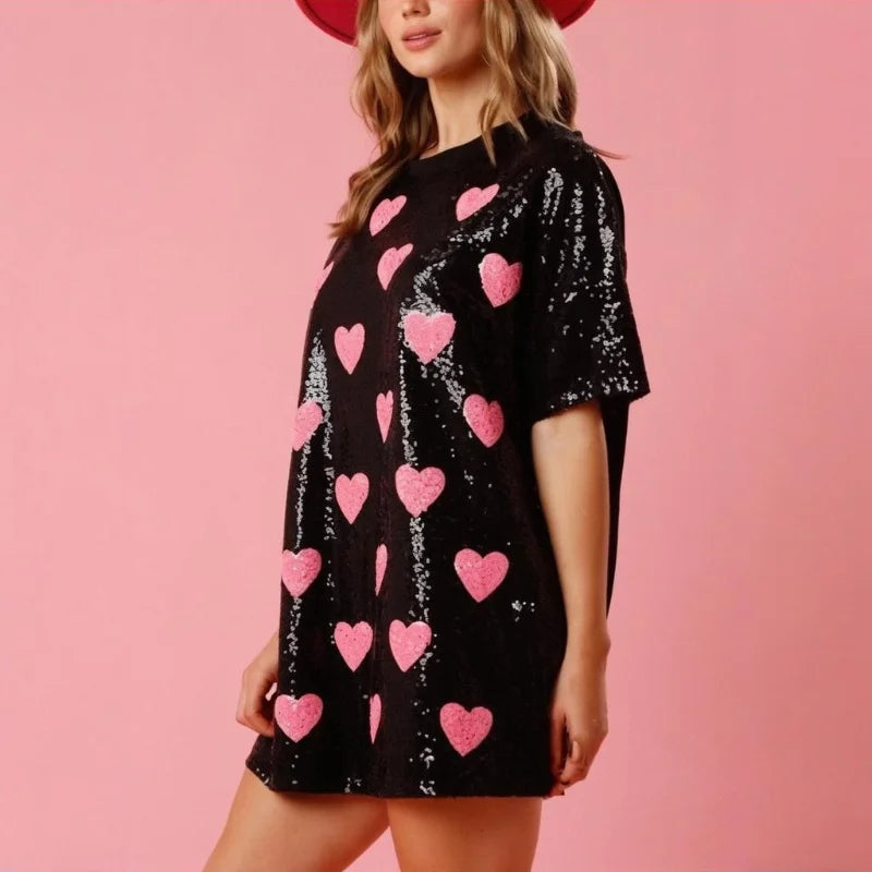 Party Dress Women Valentines Day Sequins Heart Print Round Neck Half Sleeve Short Mini Dress Fashion Club Dresses