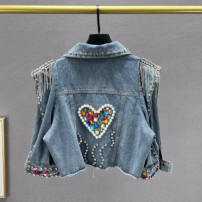 Women Short Denim Jacket Coat Spring New Pearl Diamonds Chain Tassel Frayed Burrs Hem Half Sleeve Female Jeans Jacket Streetwear