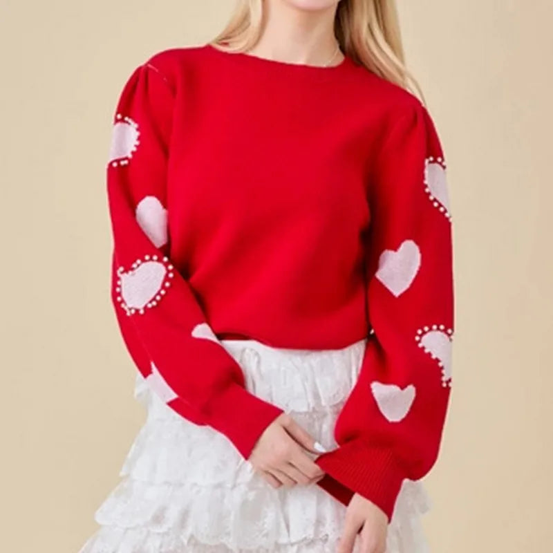 Women Valentine's Day Knit Sweater Autumn Winter Clothes Red Long Sleeve Round Neck Heart Knitwear