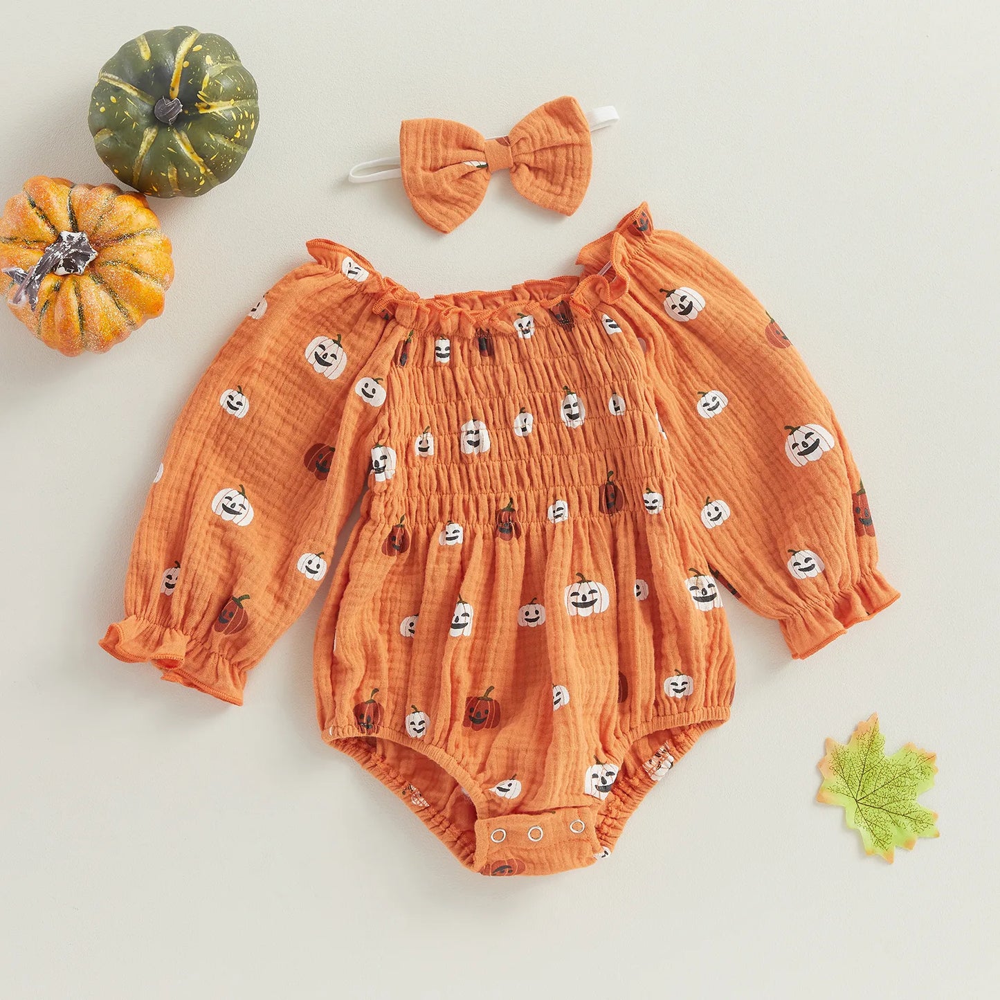 Baby-Girl Halloween Jumpsuit Cartoon Pumpkin Print Ruched Off Shoulder Long Sleeve Romper And Bow Headband