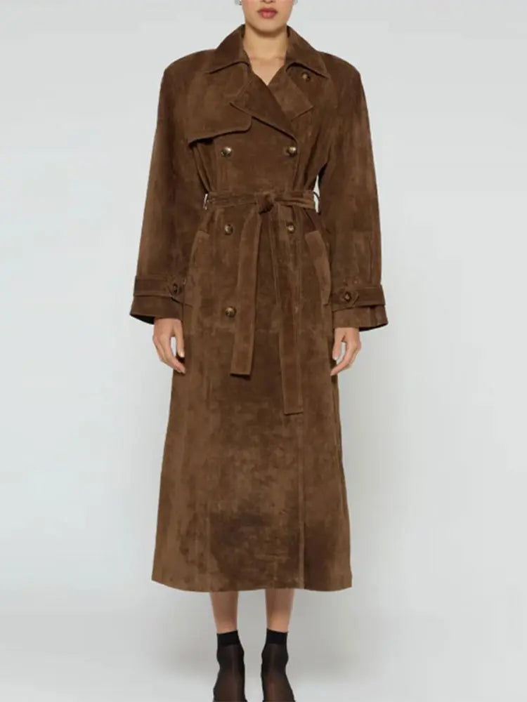 Vintage Brown Faux Leather Overcoat With Belt Elegant Lapel Double Breasted Pocket Long Coats Autumn Chic Lady Street Outwear