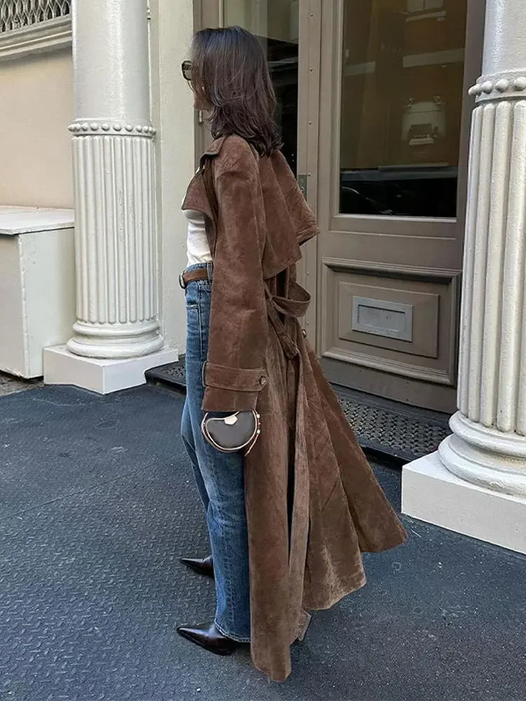 Vintage Brown Faux Leather Overcoat With Belt Elegant Lapel Double Breasted Pocket Long Coats Autumn Chic Lady Street Outwear