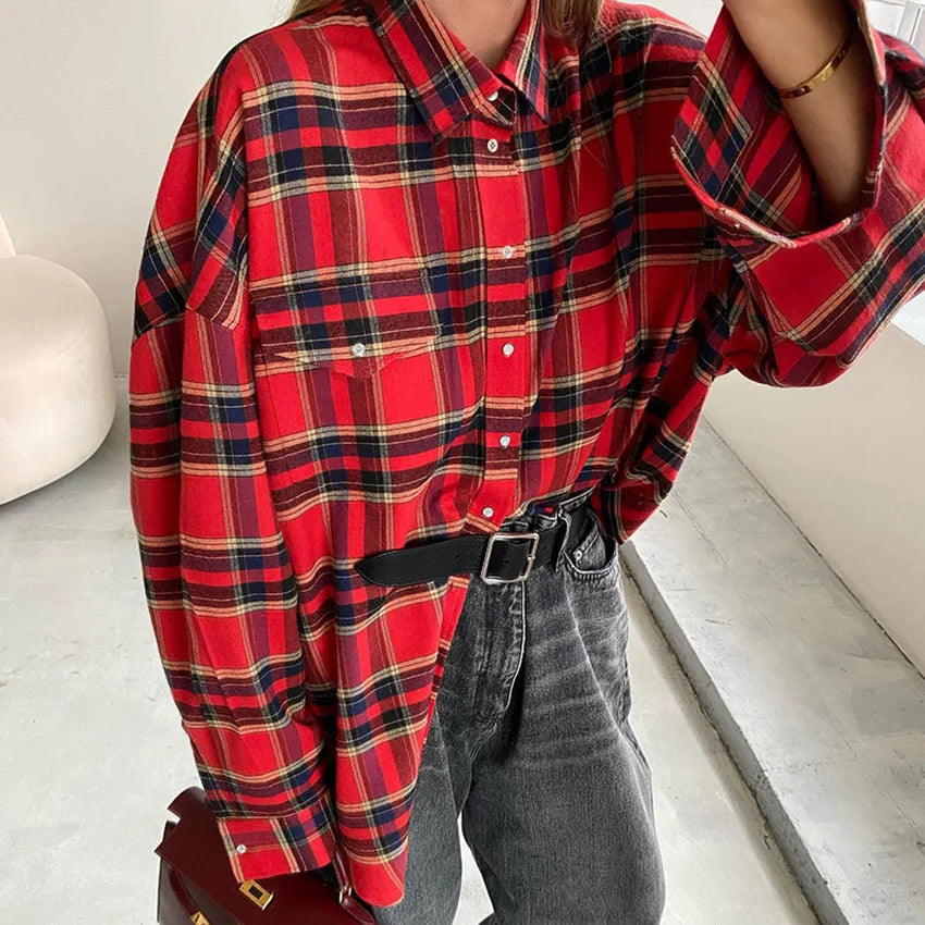 Autumn-Winter Collection Versatile  Oversized Shirts For Women Stylish Casual Trendy Retro Plaid Blouse Loose Jacket