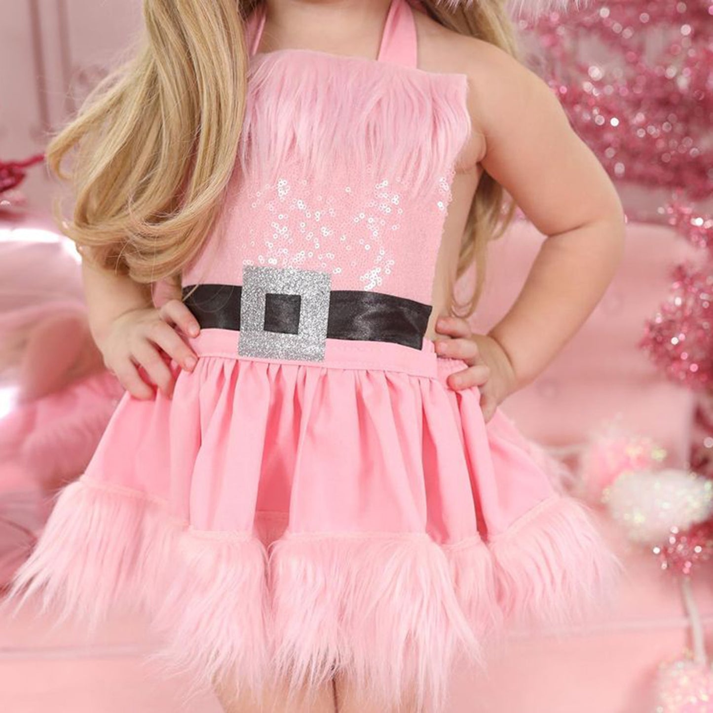 Christmas Baby Girls Romper Dress Princess Sequins White Plush Trim Patchwork Halterneck Sleeveless Tutu Jumpsuit with Hat