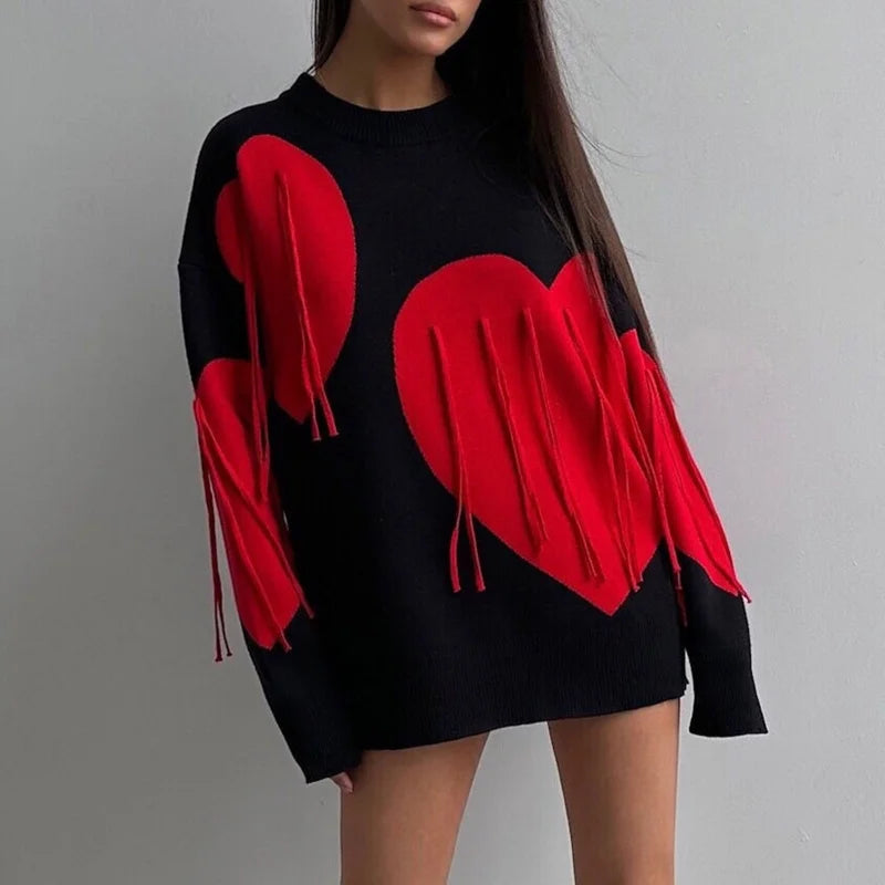 Sweater Women Valentines Day Clothes Tassel Heart Print Round Neck Long Sleeve Pullover Tops 2000s Streetwear