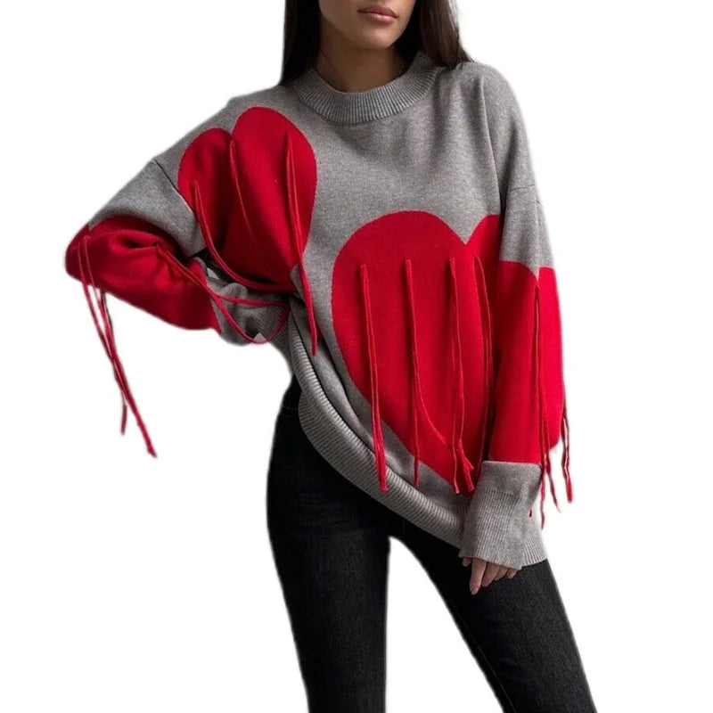 Sweater Women Valentines Day Clothes Tassel Heart Print Round Neck Long Sleeve Pullover Tops 2000s Streetwear