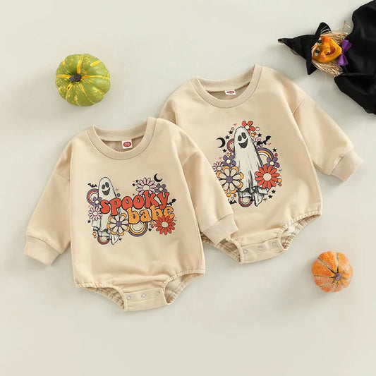 Baby Girl-Boy Halloween Romper Ghost Print Crew Neck Long Sleeve Sweatshirt Jumpsuit Fall Clothes for Toddlers