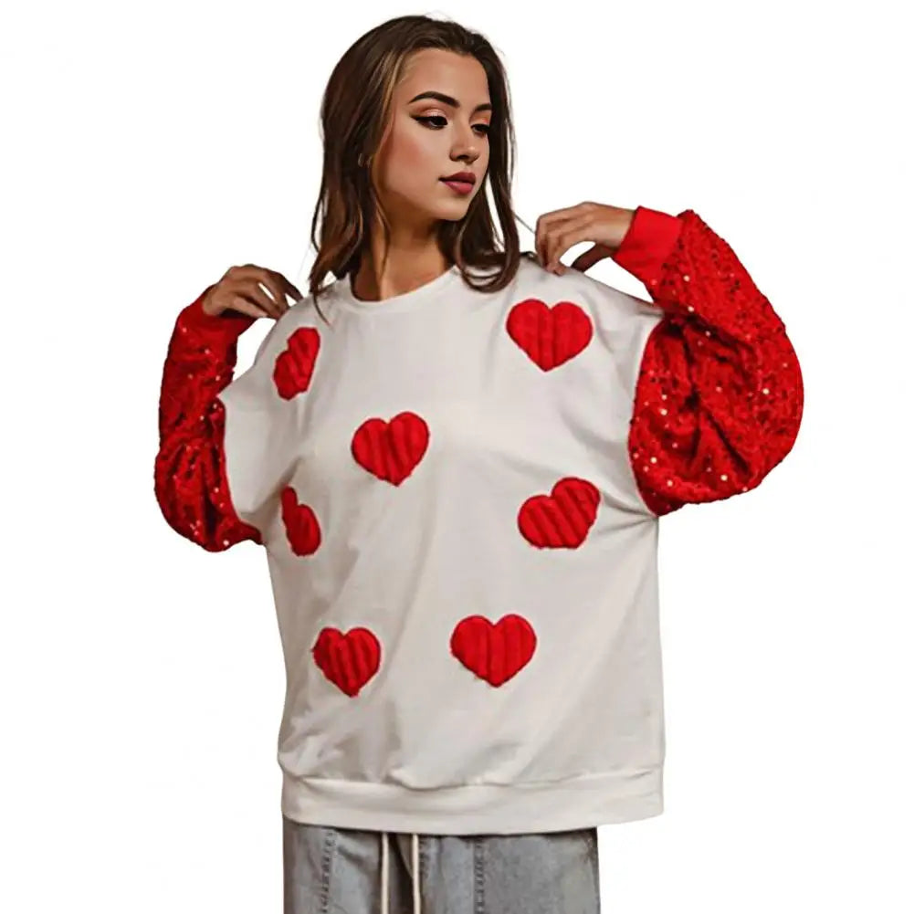 Women Valentines Day Sweatshirt Sequin Sleeves Heart Bright Color Round Neck Long Sleeve Loose Pullover Lady Party Holiday Top