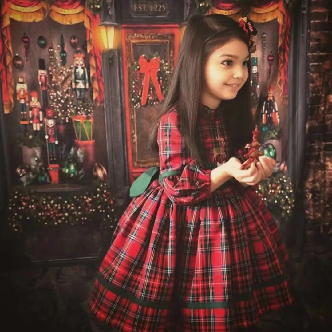 Autumn Winter Red Plaid Deer Embroidery Vintage Spanish Turkish Princess Ball Gown Dress for Christmas