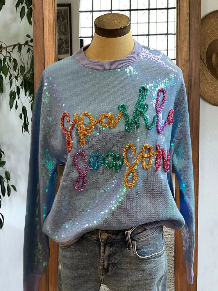 Women's Sparkly Sequin Sweatshirt Lantern Long Sleeve O Neck Party Casual Pullover Tops