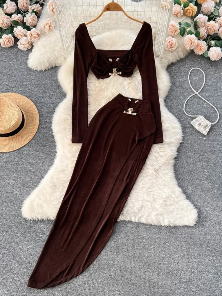 Women Sexy 2 Piece Set Fashion  Collar Long Sleeve Crop Top + Elastic Waist High Slit Long Skirt Suits