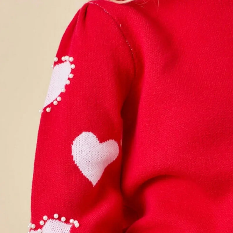 Women Valentine's Day Knit Sweater Autumn Winter Clothes Red Long Sleeve Round Neck Heart Knitwear