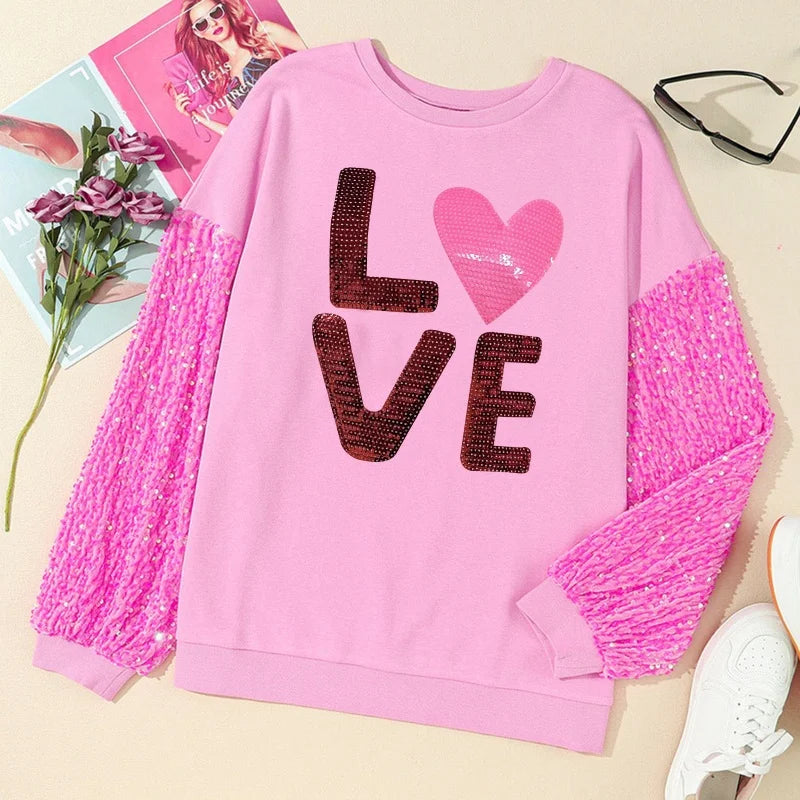 Sweatshirt Women Valentines Day Clothing Letter Print Sequins Patchwork Round Neck Long Sleeve Tops Streetwear