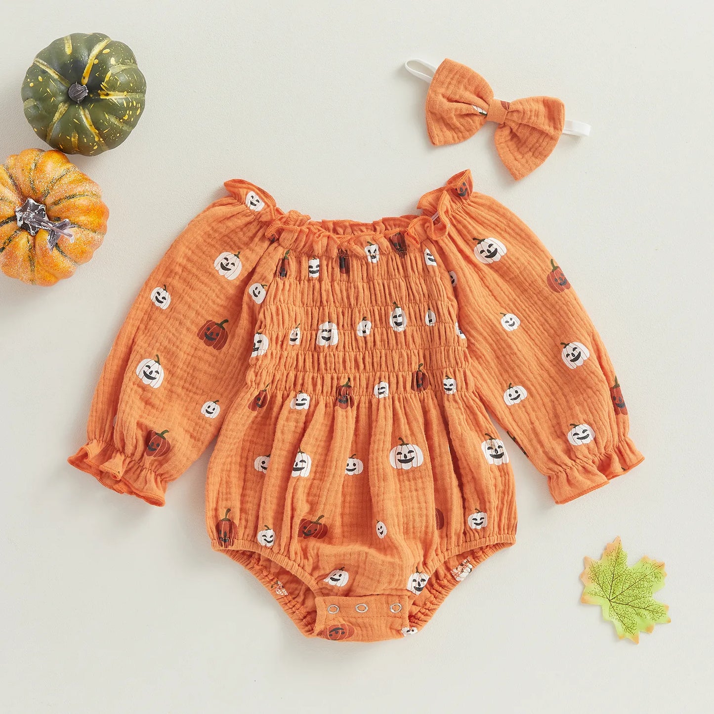 Baby-Girl Halloween Jumpsuit Cartoon Pumpkin Print Ruched Off Shoulder Long Sleeve Romper And Bow Headband