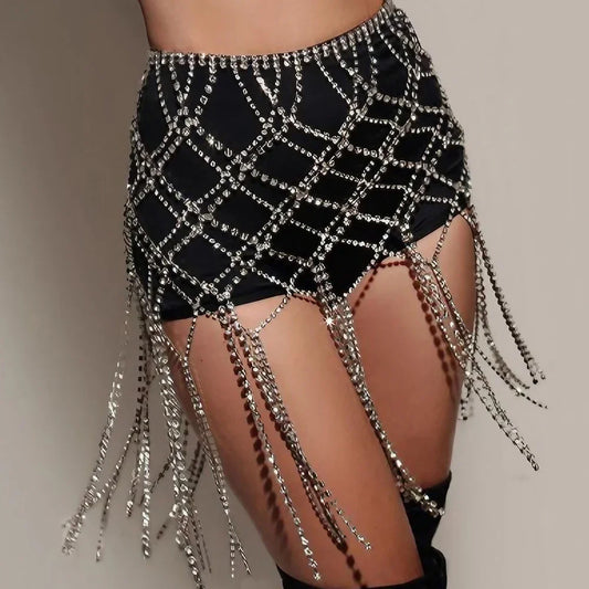 Summer Rhinestone Tassel Skirts Bikinis Lingerie Accessories Women Nightclub Clothing Bling Sexy Body Chain Dress Jewelry