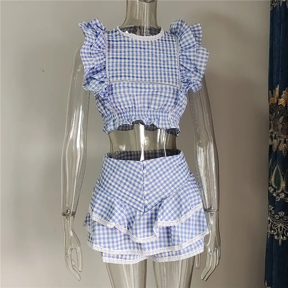 Spring Cotton Plaid Ruffled Top and Short Sunday Sets Holiday Vocation Sets