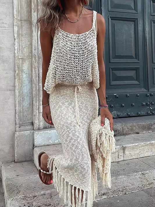 Knitted Camisole Blouse Tassel Skirts Two Piece Sets Women Sexy See Through Summer Mesh Beach Dress Suits