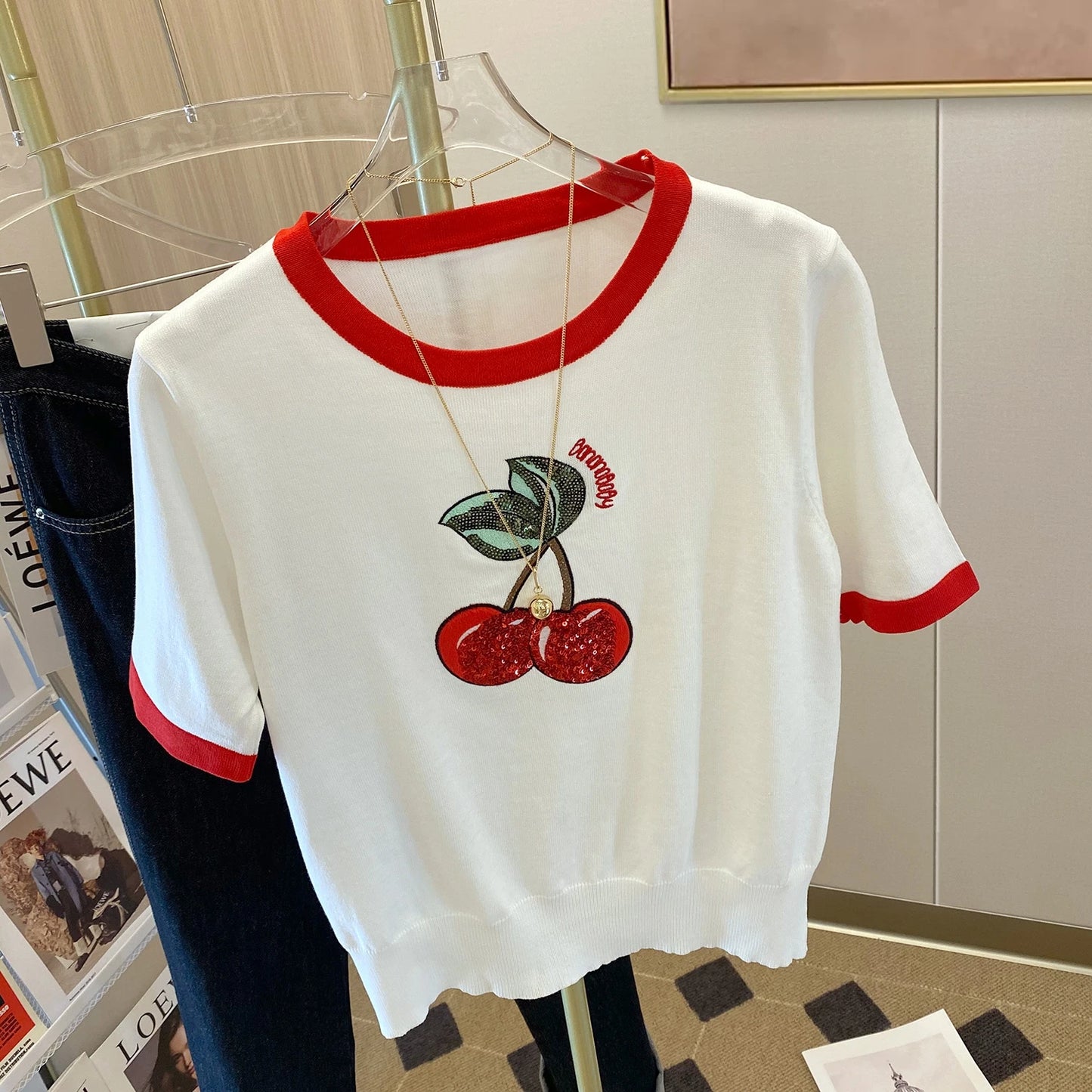 2024 Summer Cherry Sequin Embroidery Knitted T-Shirt Women's Sweet Short-sleeved Pullover Sweater Thin Tshirt Knitwear Tops Tees