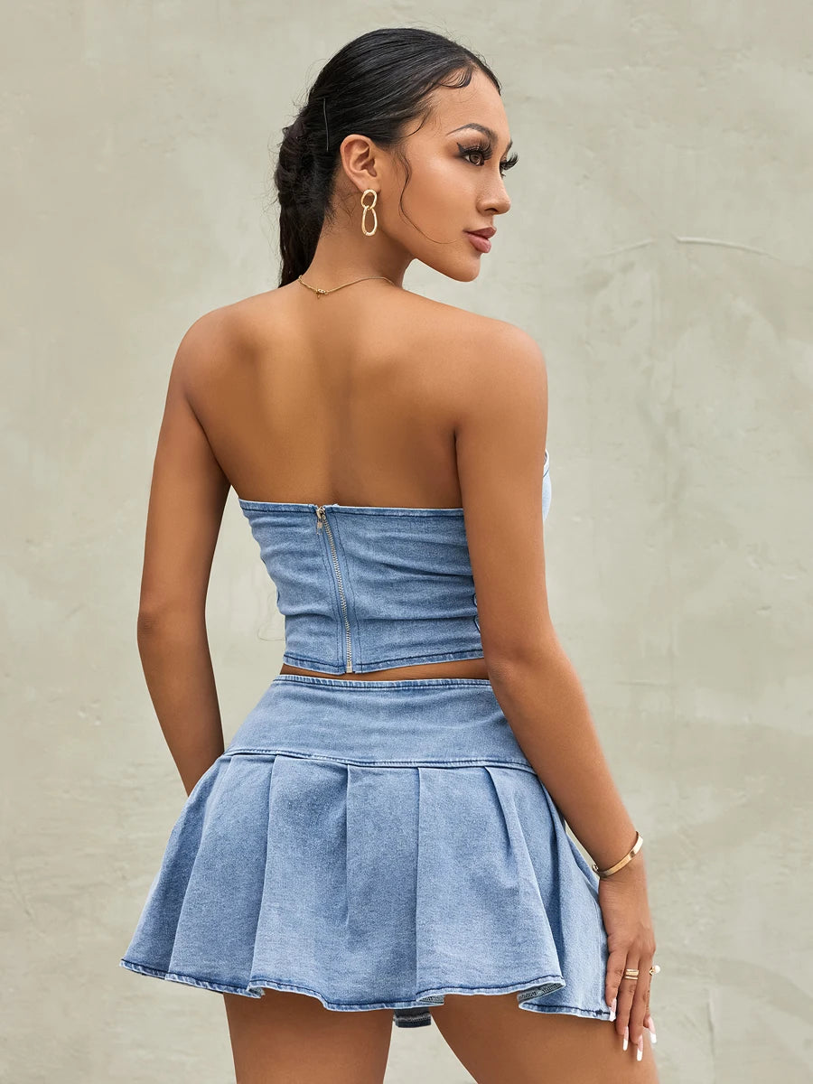 Two-Piece Skirt Suits Summer Off-Shoulder Corset Crop Tops+High Waist Mini Pleated Skirts Sets