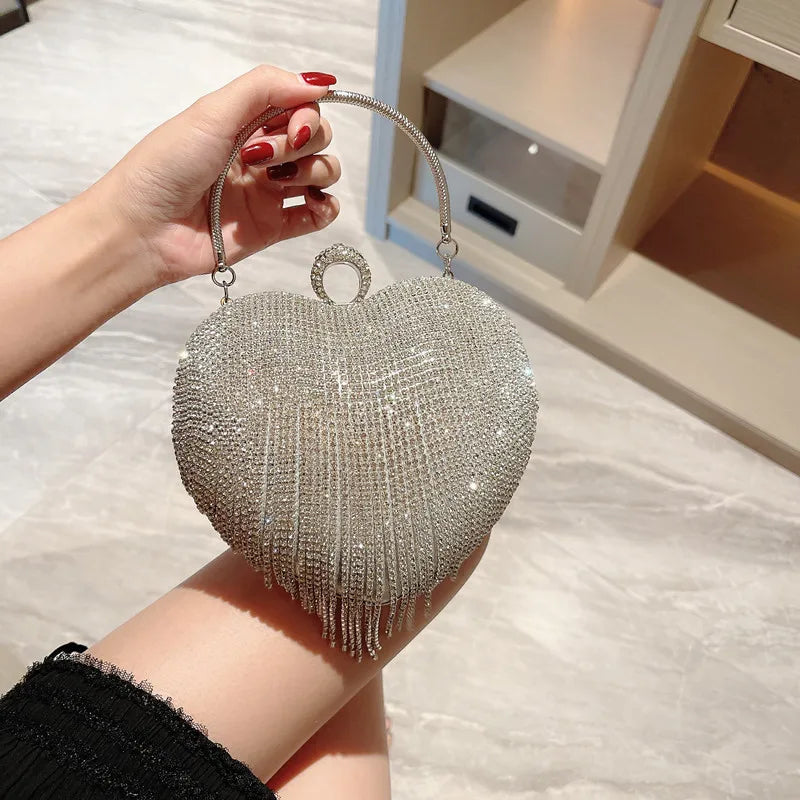 Heart Pattern Silver Clutch Womens Fashion Diamond Banquet Clutch And Purse Wedding Bridal Prom Wallets