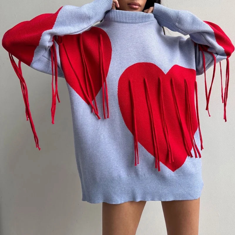 Sweater Women Valentines Day Clothes Tassel Heart Print Round Neck Long Sleeve Pullover Tops 2000s Streetwear