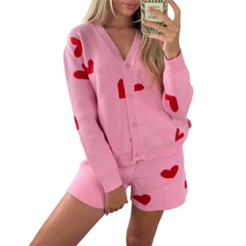 Women Knitted Set Clothes Heart Print V Neck Long Sleeve Cardigan Tops and Shorts Valentines Day Outfit Streetwear