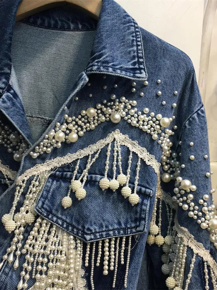 Women's Denim Coat Pearls Chains Tassel Beading Embroidered Flares Lace Long Sleeve Jackets 2023 Autumn New Fashion