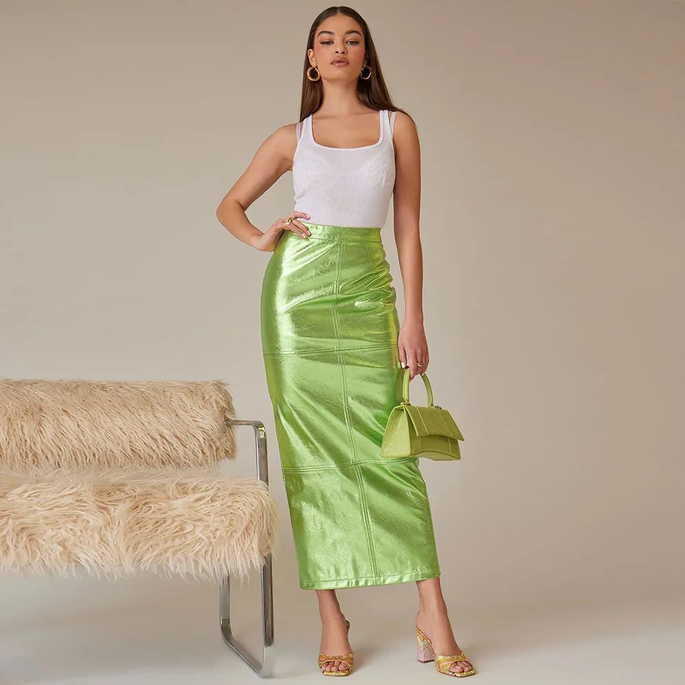 Sexy Sparkly Slit Luxury Long Skirts Women High Waist Metallic Green Slim Maxi Skirt 2023 Elegant Birthday Party Clothes