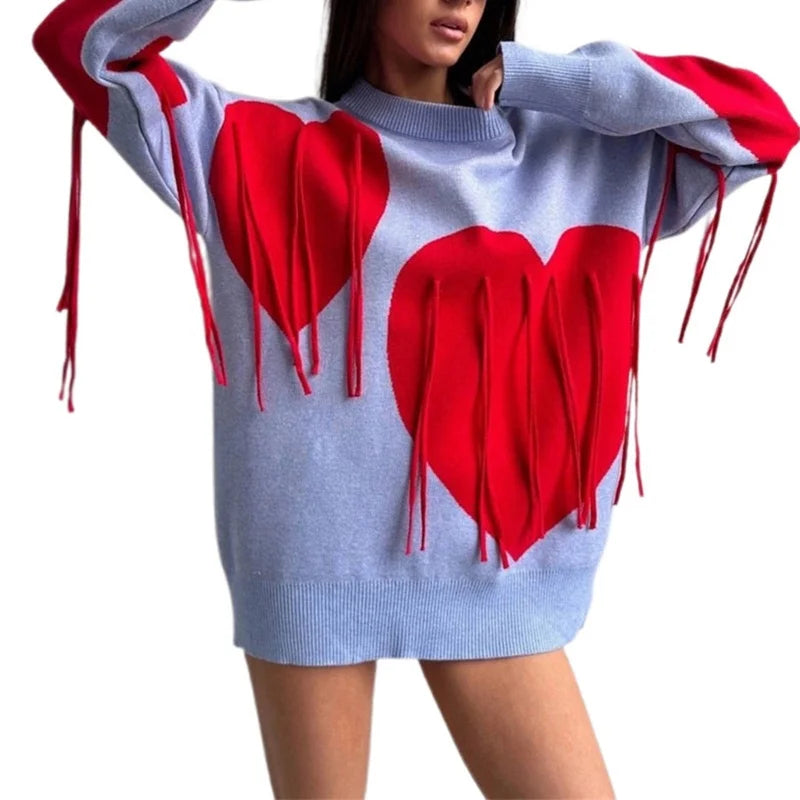 Sweater Women Valentines Day Clothes Tassel Heart Print Round Neck Long Sleeve Pullover Tops 2000s Streetwear