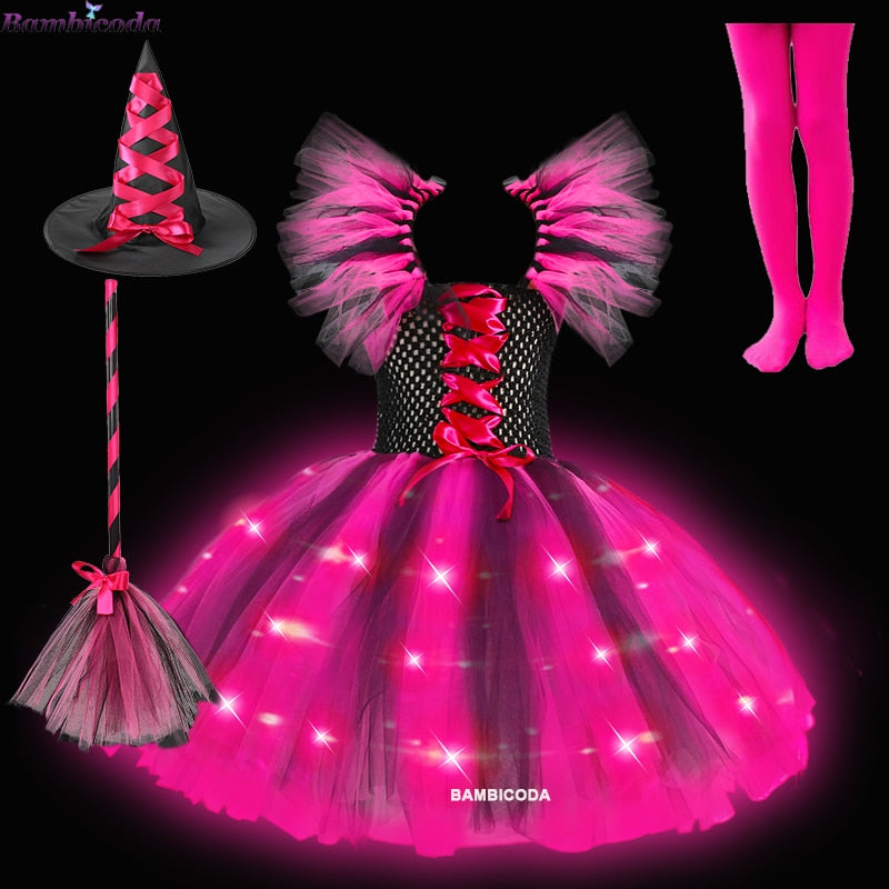 Halloween Girls Witch Dress Princess LED Light Up