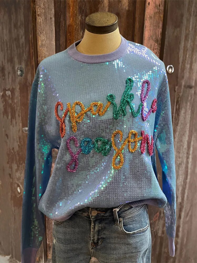 Women's Sparkly Sequin Sweatshirt Lantern Long Sleeve O Neck Party Casual Pullover Tops