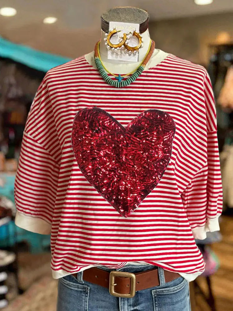 Heart Sequin Striped Print Top Valentine's Day Striped & Heart T-Shirts