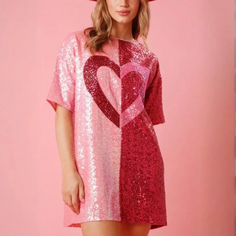 Party Dress Women Valentines Day Sequins Heart Print Round Neck Half Sleeve Short Mini Dress Fashion Club Dresses