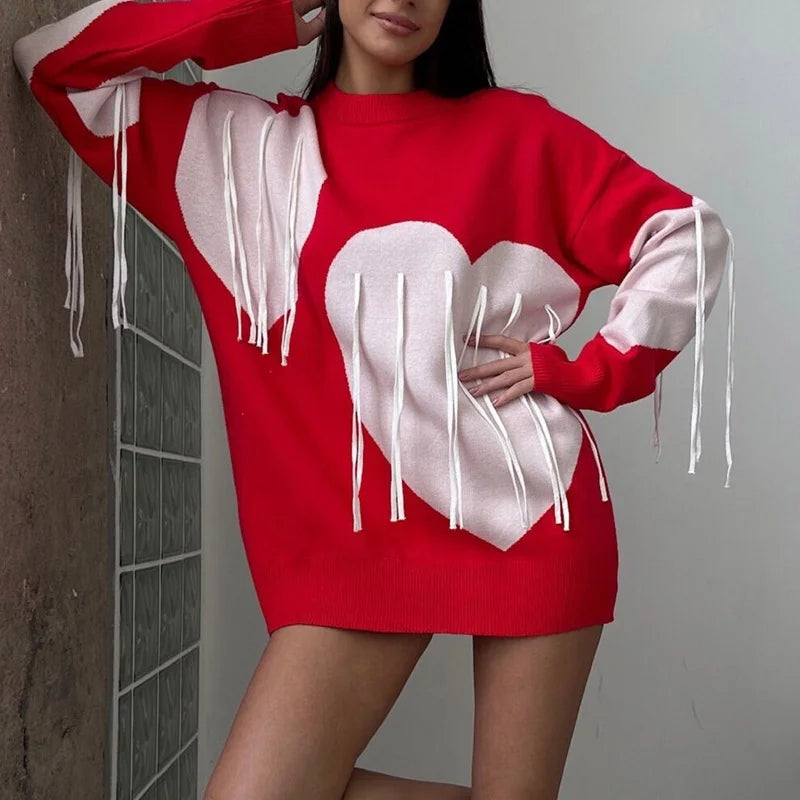 Sweater Women Valentines Day Clothes Tassel Heart Print Round Neck Long Sleeve Pullover Tops 2000s Streetwear