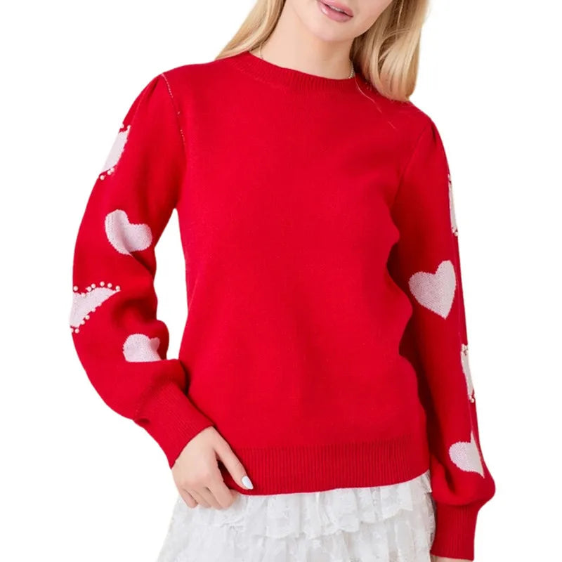 Women Valentine's Day Knit Sweater Autumn Winter Clothes Red Long Sleeve Round Neck Heart Knitwear