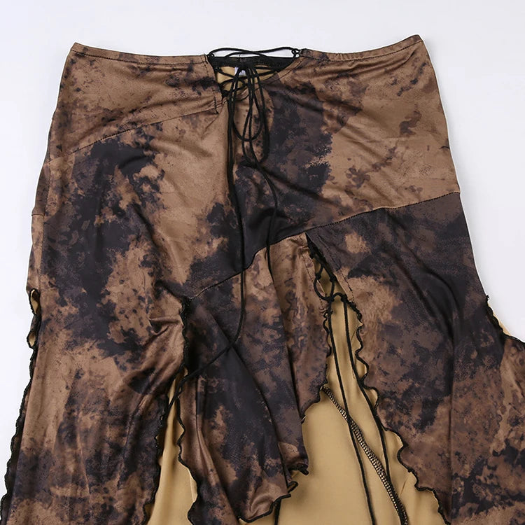 Women's Summer Midi Length Skirt Low Waist Split Tie Up Skirt Vintage Pattern Print Skirt