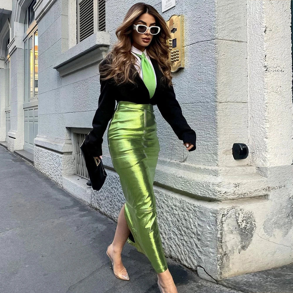 Sexy Sparkly Slit Luxury Long Skirts Women High Waist Metallic Green Slim Maxi Skirt 2023 Elegant Birthday Party Clothes