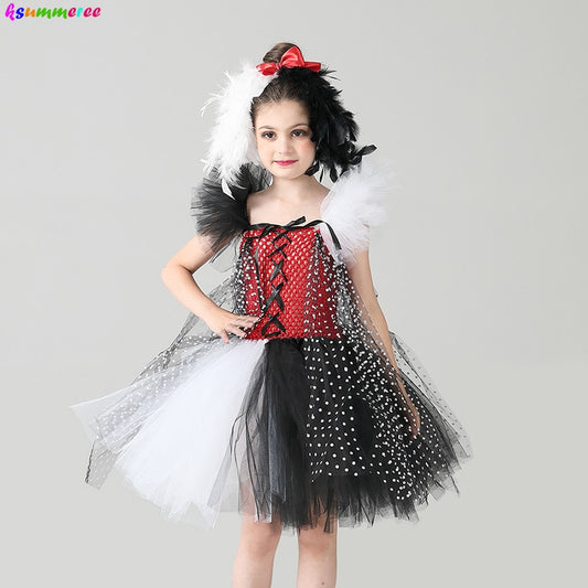 Evil Madame Cruella De Ville Kids Costume Fancy Tutu Dress with Headband Polka Dot.