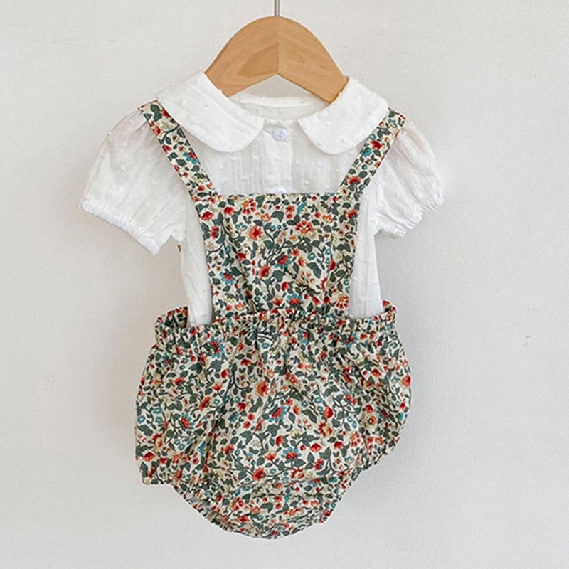 New Summer Baby Girl Suit Clothes Short Sleeve Dot Shirt Top+Floral