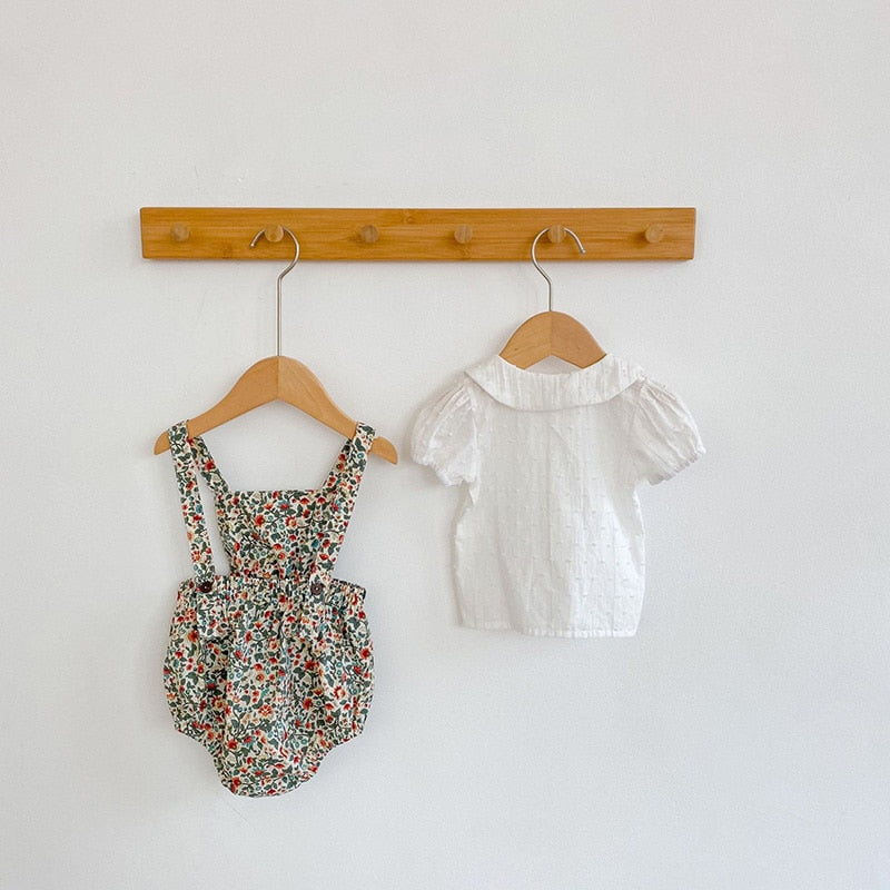 New Summer Baby Girl Suit Clothes Short Sleeve Dot Shirt Top+Floral