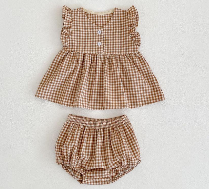 Clothes Summer Infant Baby Girls Sleeveless Grid T-shirt + Shorts